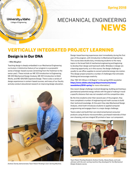 Spring 2018 newsletter from the University of Idaho College of Engineering's Department of Mechanical Engineering