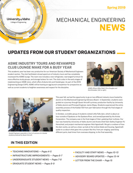 Spring 2019 newsletter from the University of Idaho College of Engineering's Department of Mechanical Engineering