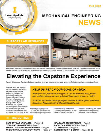 Fall 2020 newsletter from the University of Idaho College of Engineering's Department of Mechanical Engineering