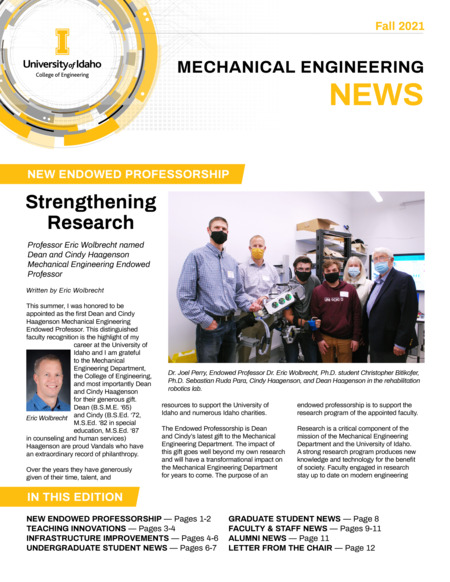 Fall 2021 newsletter from the University of Idaho College of Engineering's Department of Mechanical Engineering
