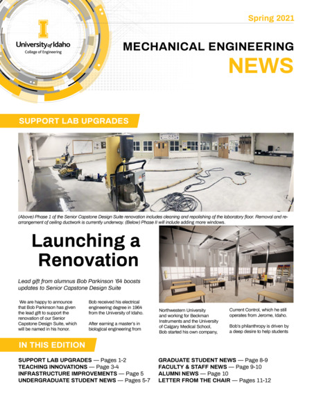 Spring 2021 newsletter from the University of Idaho College of Engineering's Department of Mechanical Engineering