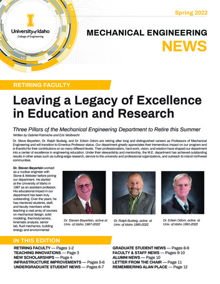 Spring 2022 newsletter from the University of Idaho College of Engineering's Department of Mechanical Engineering