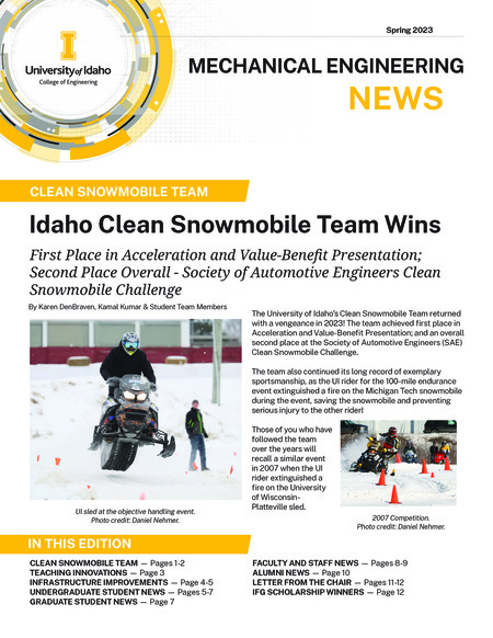 Spring 2023 newsletter from the University of Idaho College of Engineering's Department of Mechanical Engineering