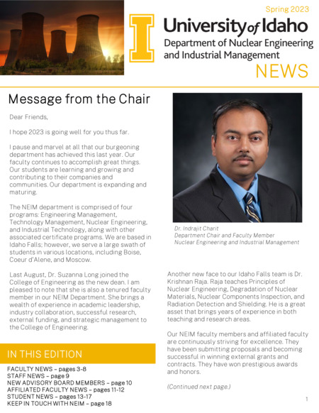 Spring 2023 newsletter from the University of Idaho College of Engineering's Department of Nuclear Engineering and Industrial Management