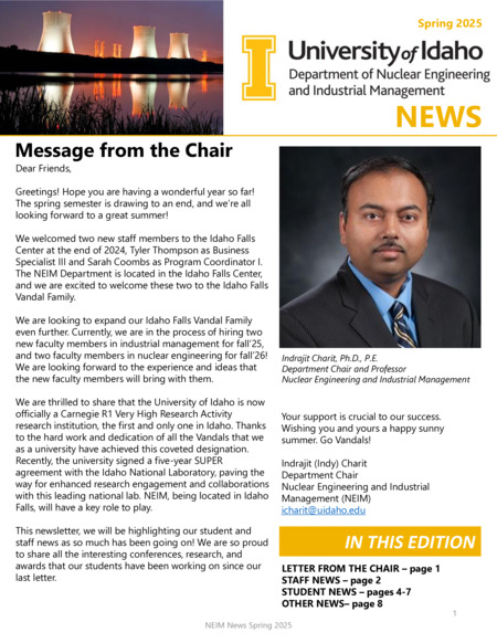 Spring 2025 newsletter from the University of Idaho College of Engineering's Department of Mechanical Engineering