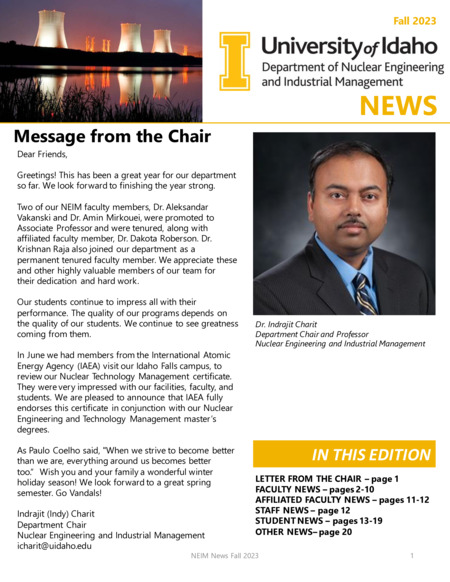 Spring 2023 newsletter from the University of Idaho College of Engineering's Department of Nuclear Engineering and Industrial Management