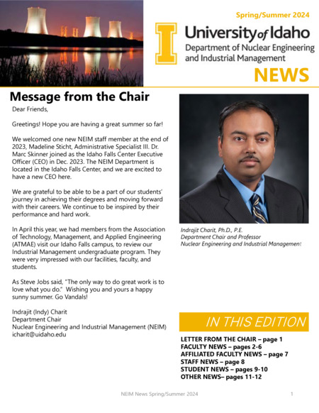 Spring/Summer 2024 newsletter from the University of Idaho College of Engineering's Department of Nuclear Engineering and Industrial Management
