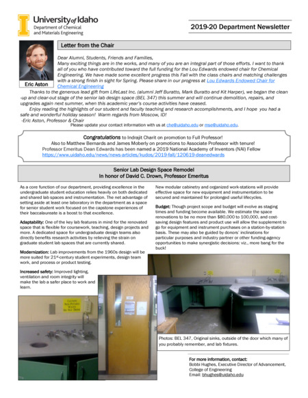 2019-2020 newsletter from the University of Idaho College of Engineering's Department of Chemical and Materials Engineering
