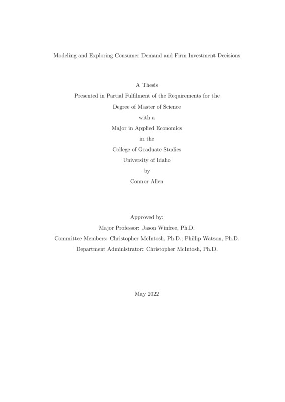 masters, M.S., Agricultural Economics & Rural Soc -- University of Idaho - College of Graduate Studies, 2022-05
