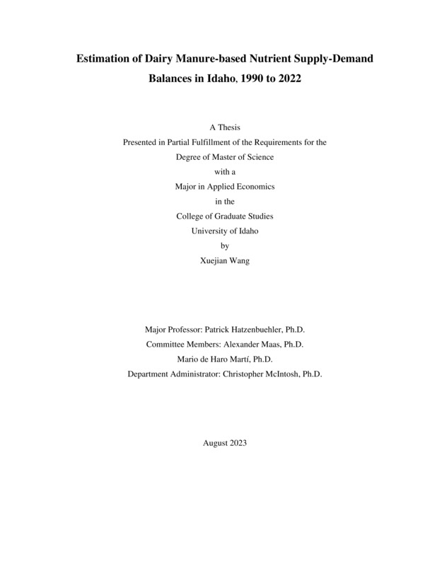 masters, M.S., Agricultural Economics & Rural Soc -- University of Idaho - College of Graduate Studies, 2023-08