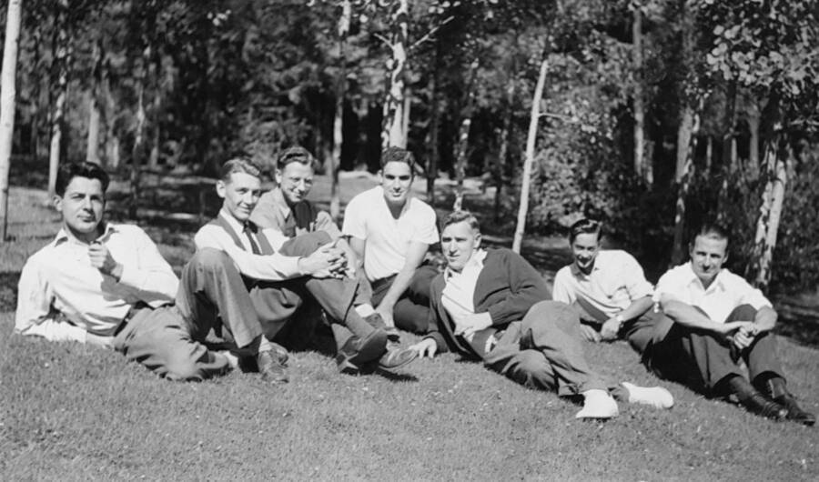 Regular technical personnel for summer of 1938, Priest River Experimental Forest. Left to right: Shames, Hayes, McKeever, Richards, Naiman, Cline, Besaman. Sept. 1938.