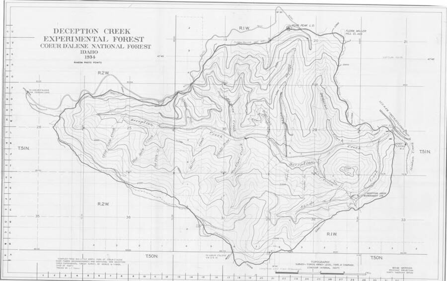 Map of Deception Creek Experimental Forest delineated by alpha and numeric axis for photo locations.