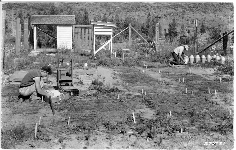 Quadrat on instrumental arrangement for study of factors affecting seedling survival. Western white pine types-clear cut habitat. Phytometers-are used for studing loss of water from plants. Man in foreground taking soil moisture measurements. Man on left is Wellner, on right is I.T. Haig. Wellner dated this photos as 1932.