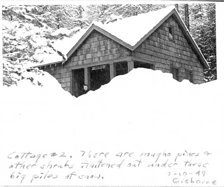 A series of snow scenes with notes by Gisborne expressing his dissatisfaction with building design, landscaping, drainage, and lost time shoveling roofs. Wellner in front of cabin.