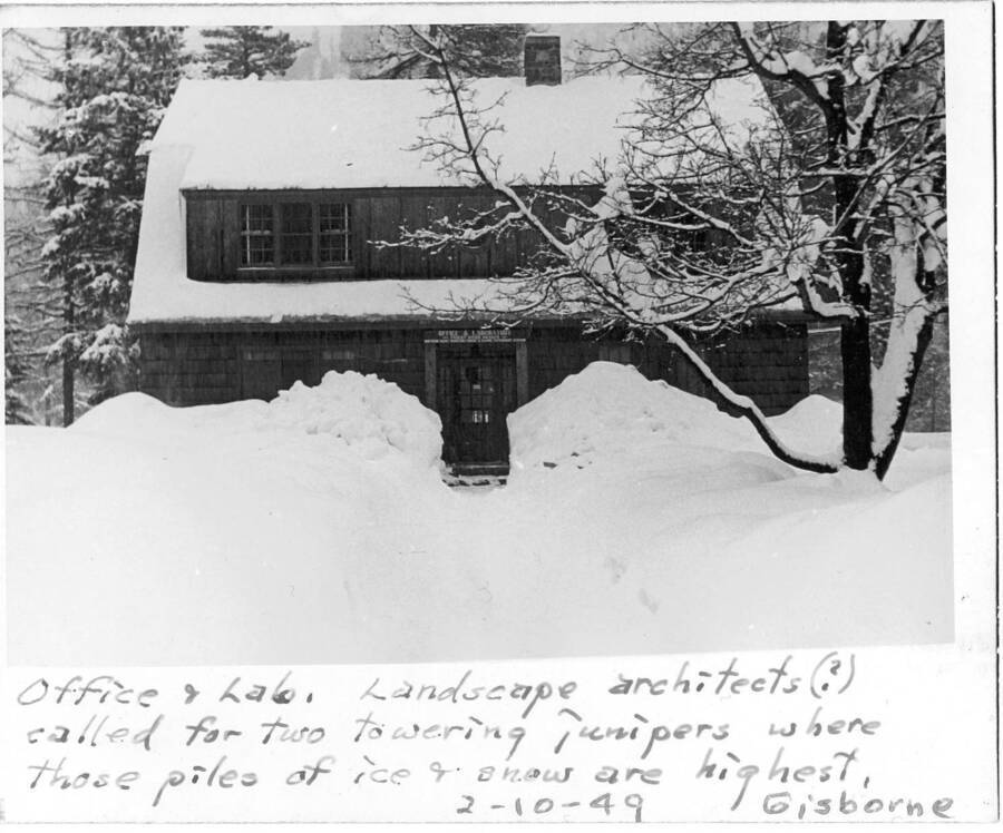A series of snow scenes with notes by Gisborne expressing his dissatisfaction with building design, landscaping, drainage, and lost time shoveling roofs.