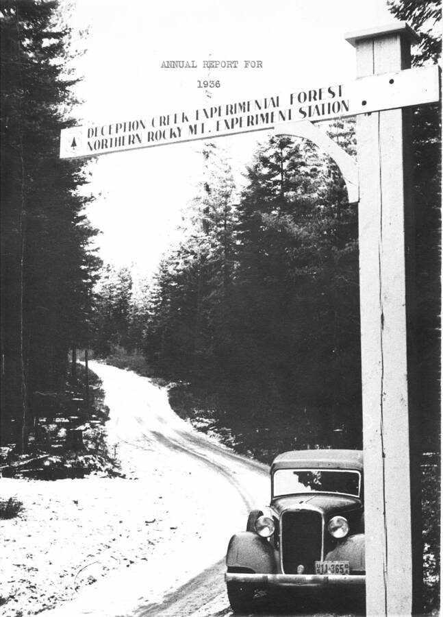 Portal sign, Deception Creek Experimental Forest (Deception Creek Experimental Forest), used as the cover of the 1936 Annual Report.