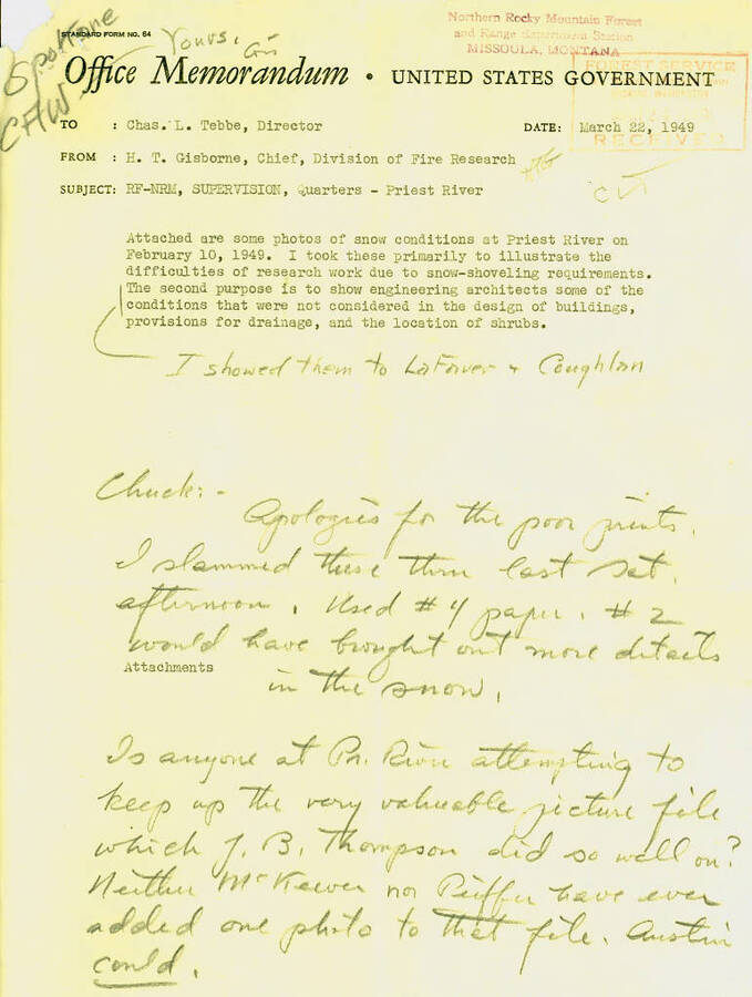 Memo from Gisborne to Director Tebbe and note to Wellner describing Gisborne's frustration with architects, snow, and inconsistent photo history of Priest Creek Experimental Forest.