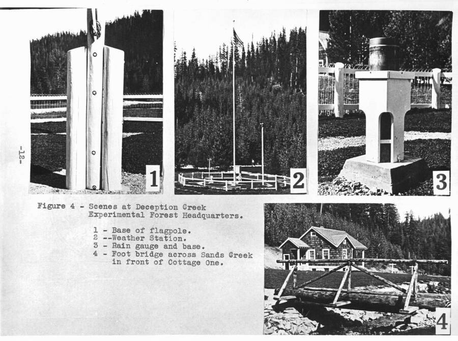 Fig. 4 - Scenes at Deception Creek Experimental Forest (Deception Creek Experimental Forest) Headquarters.  1. Base of flagpole.  2.Weather Station.  3. Rain gauge and base.  4. Foot bridge across Sands Creek in front of Cottage One.