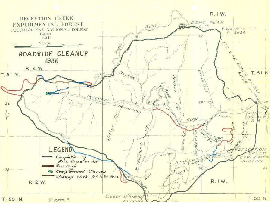 From the 1936 Annual Report, Fig. 7 map of roadside timber clean-up projects.