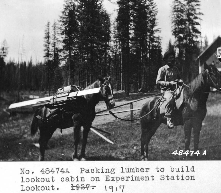 Filed in Priest Creek Experimental Forest Photo box #4: "Packing lumber to build lookout cabin on Experiment Station Lookout. J. Murray on view. Taken July 1918."