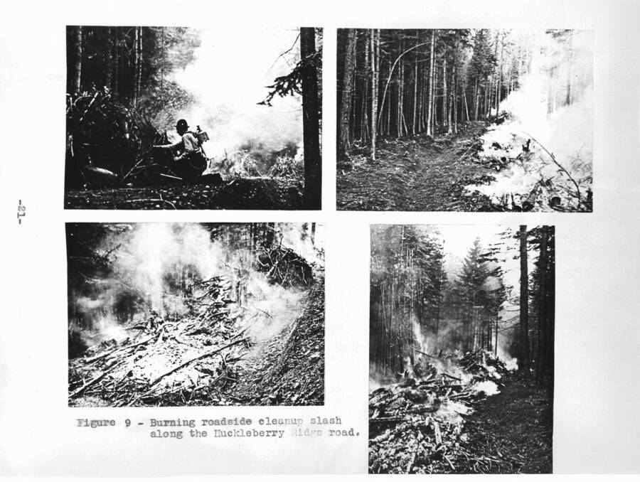 From the 1936 Annual Report, Fig. 9, captions reads: "Burning roadside cleanup slash along the Huckleberry Ridge road."