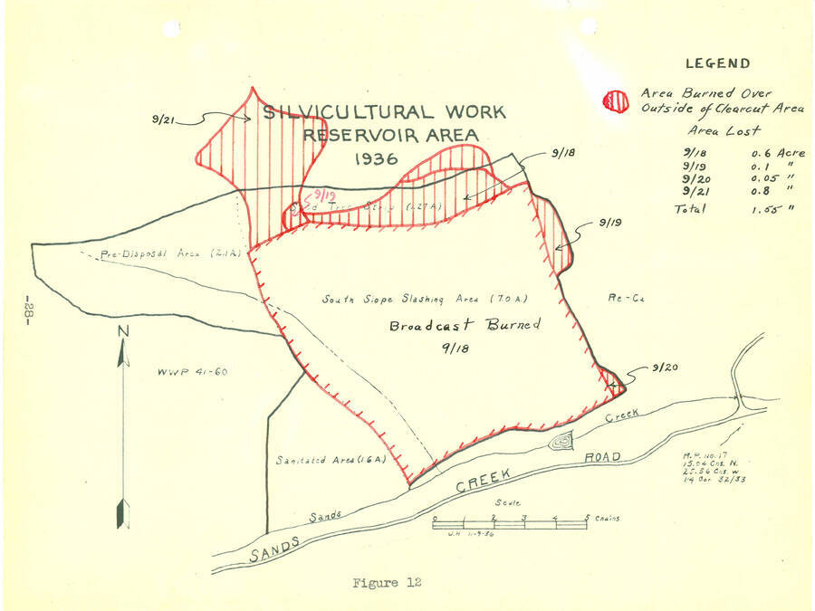 From 1936 Annual Report, Fig. 12, map of silvicultural work, reservoir area.