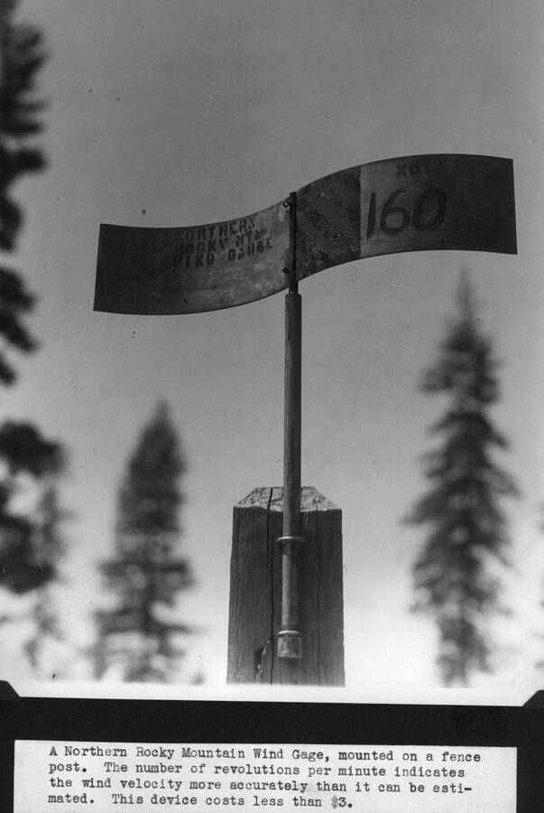 A Northern Rocky Mountain Wind Gage, mounted on a fence post, The number of revolutions per minute indicates the wind velocity more accurately than it can be estimated. This device costs less than $3.