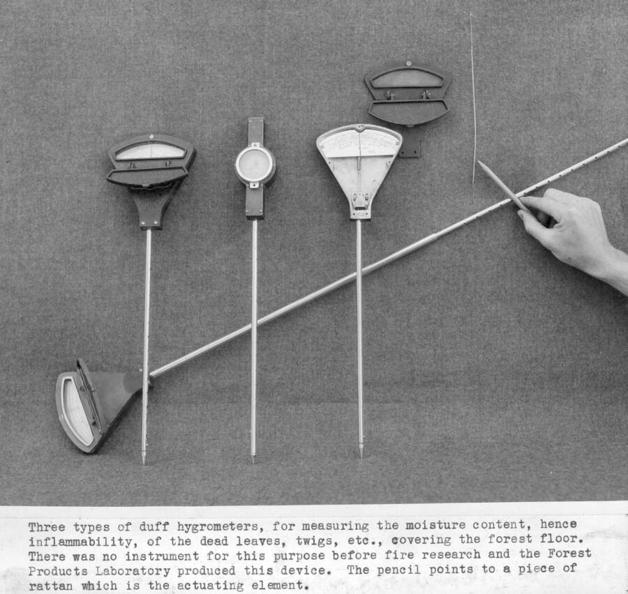 Three types of duff hygrometers, for measuring the moisture content, hence inflammability, of dead leaves, twigs, etc., covering the forest floor. There was no instrument for this purpose before fire research and the Forest Products produced this device. The pencil points to a piece of rattan which is the actuating element.