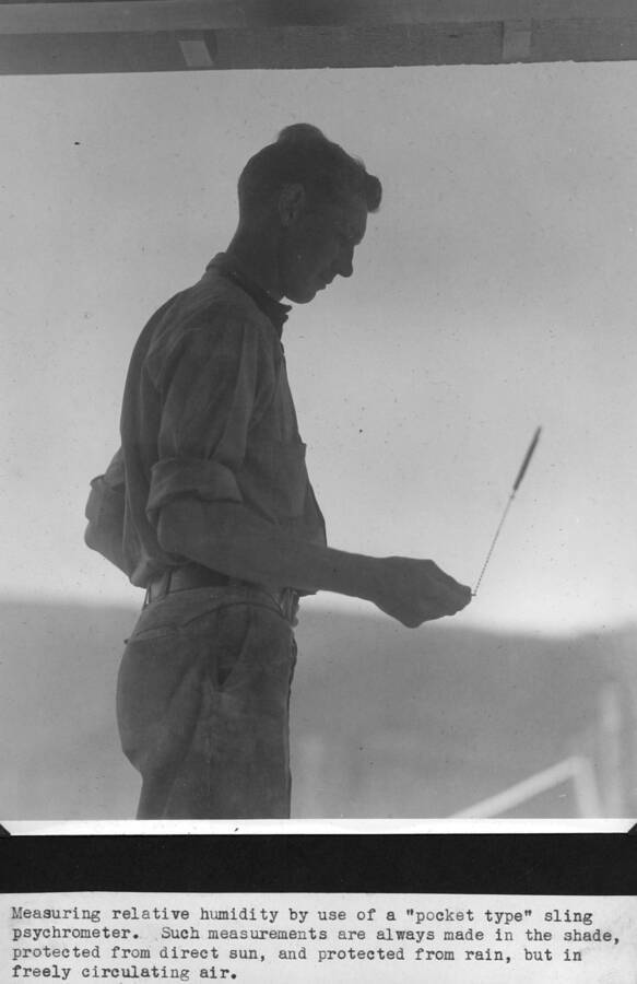 Measuring relative humidity by use of a 'pocket type' sling psychrometer. Such measurements are always made in the shade, protected from direct sun, and protected from rain, but in freely circulating air. G. Lloyd Hayes pictured.