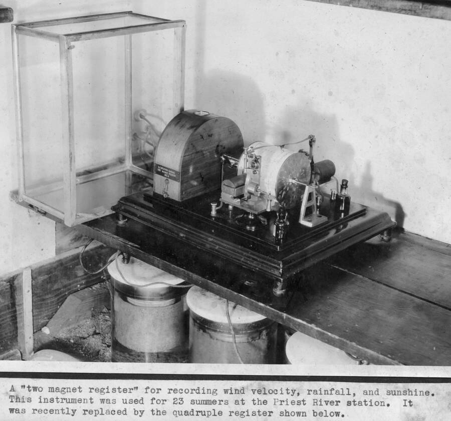A 'two magnet register' for recording wind velocity, rainfall, and sushine. This instrument was used for 23 summers ar the Priest River station. It was recently replaced by the quadrruple register shown below.