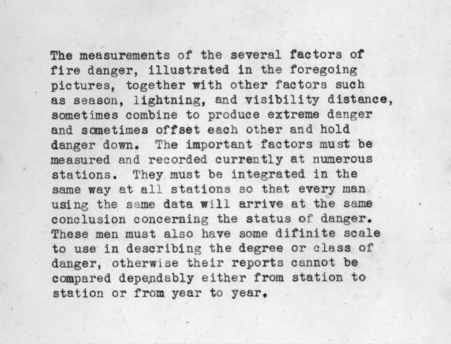 Section title: "The measurements of the several factors of fire danger illustrated in the foregoing pictures."