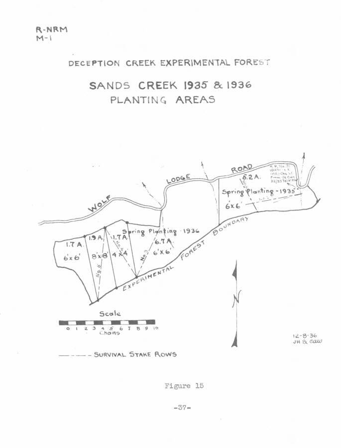 From 1936 Annual Report, Fig. 15, map of Sands Creek 1935 & 1936 Planting Areas.