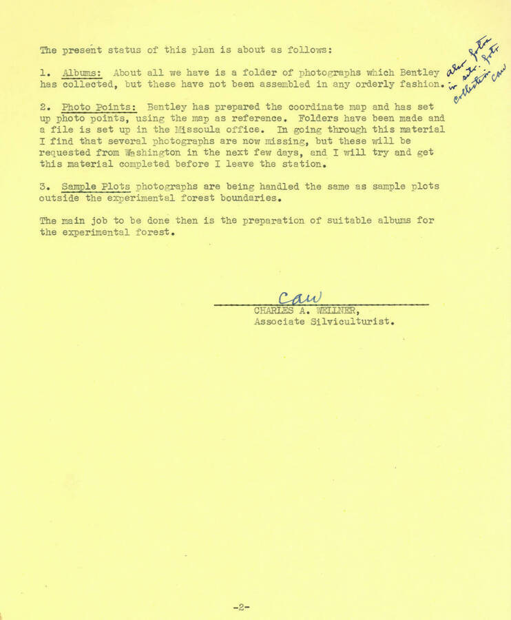 File memo by Wellner describing process of establishing permanent photo points and records.