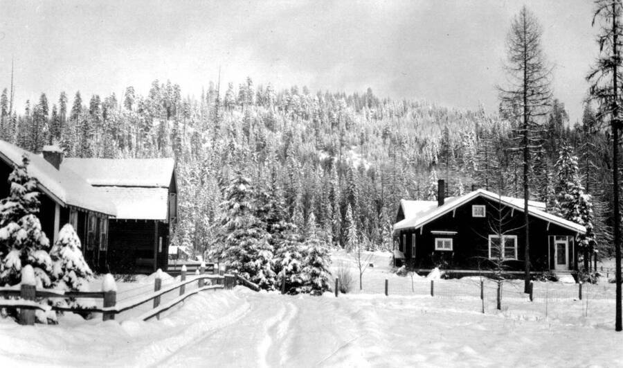 winter scene, left-cottage 3, lecturehall/woodshed, cottage 1.