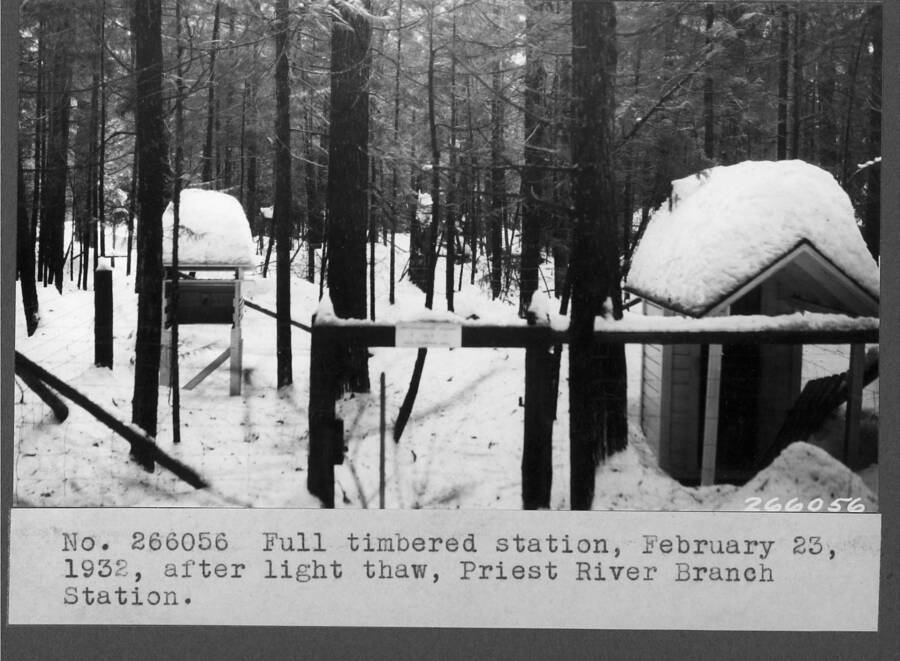 Full timbered station, February 23, 1932, after light thaw, Priest River Branch Station.
