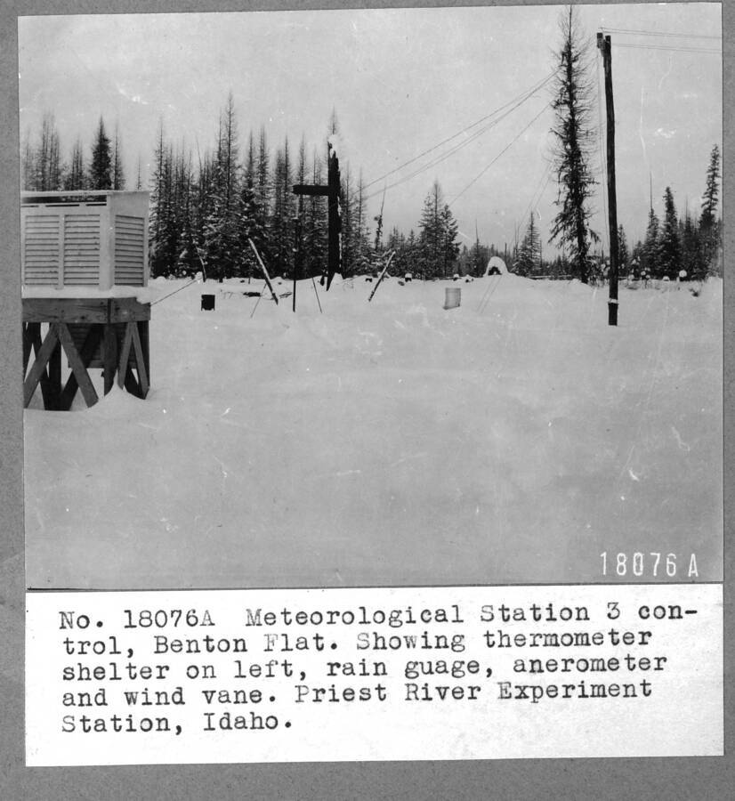 Meteorological Station 3 control, Benton Flat. Showing thermometer shelter on left, rain gauge, anerometer and wind vane. PRES, Idaho.