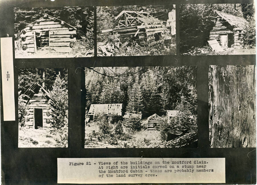 1936 Annual Report, Fig. 21, photo page reads: "Views of the buildings on the Montford Claim. At right are initials carved on a stump near the Montford Cabin - these are probably members of the land survey crew."