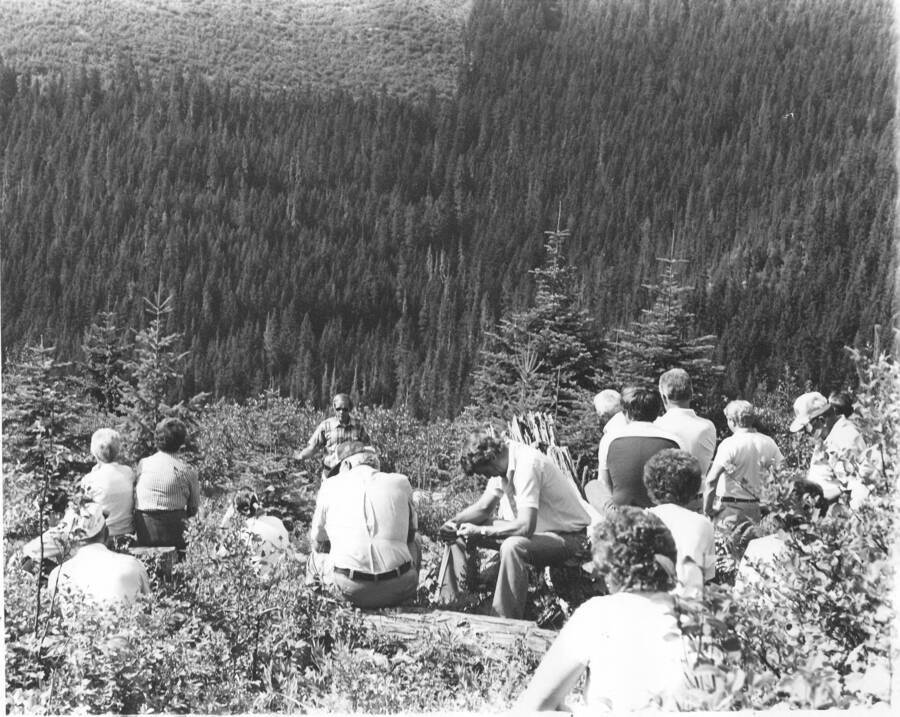 R.T. Graham with tour group.  August 11, 1989 Silviculture professors on field trip to Deception Creek Experimental Forest during National SAF Annual Meeting, held in Spokane WA.
