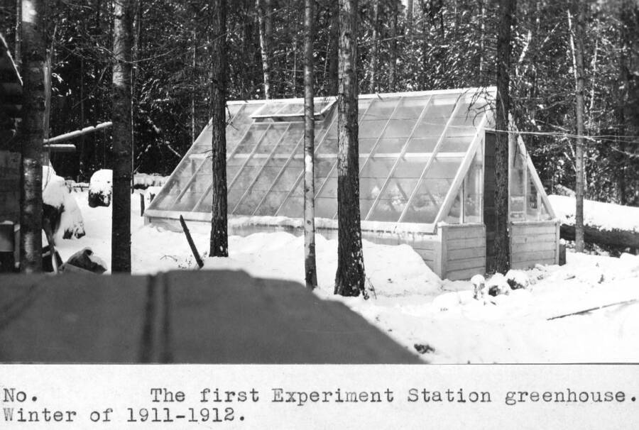 Filed in Priest Creek Experimental Forest Photo box #4: "The first Experiment Station greenhouse. Winter of 1911-1912."