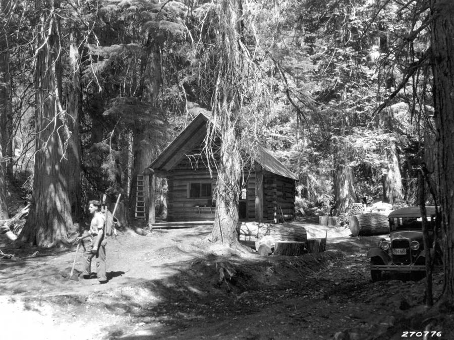 Guard station at the Roosevelt grove of ancient cedars. On or near Kaniksu National Forest July-August 1932.