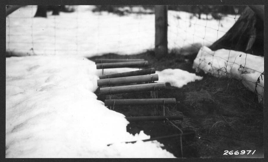Wood cylinders at Clear Cut Sta. as snow was leaving, showing damage to supports. Priest River 3/29/32.