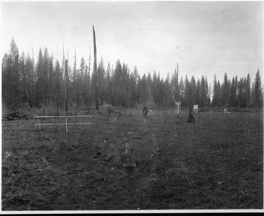 Nursery site on Benton Flat, Priest River Experiment Station. Seed-beds and transplant beds partially prepared. Instruments of control meteorological station in background and experimental planting site for larch type beyond.