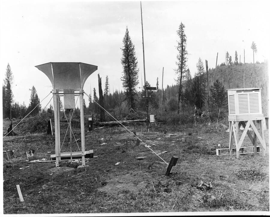 The control meteorological station on Benton Flat looking north. Hill in background is site of Sout West slope meteorological station and experimental planting are for that slope.
