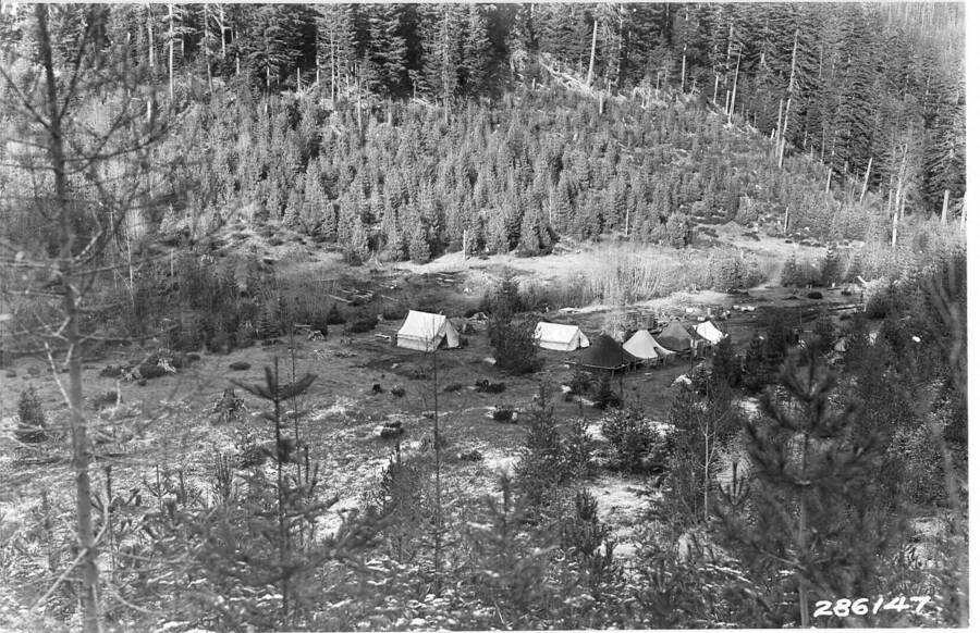 Headquarters site in the fall of 1933. CCC spike camp occupying area.
