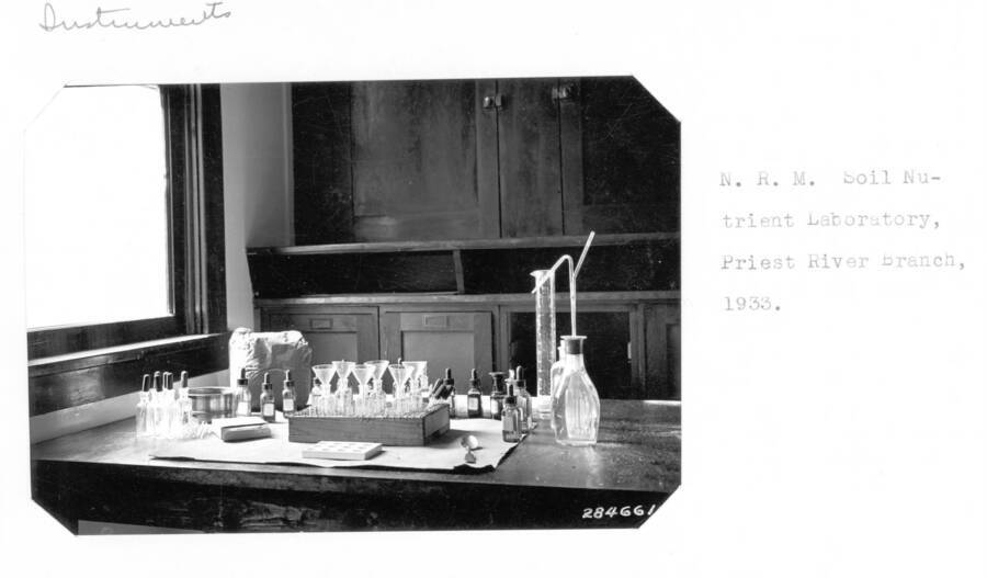 N.R.M. Soil Nutrient Laboratory, Priest River Branch, 1933. Photo of lab glassware.