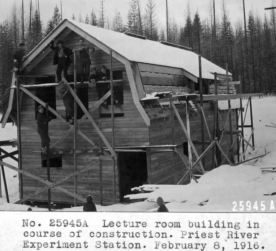Filed in Priest Creek Experimental Forest Photo box #4: "Lecture room building in course of construction. Priest River Experimental Station. February 8, 1916."