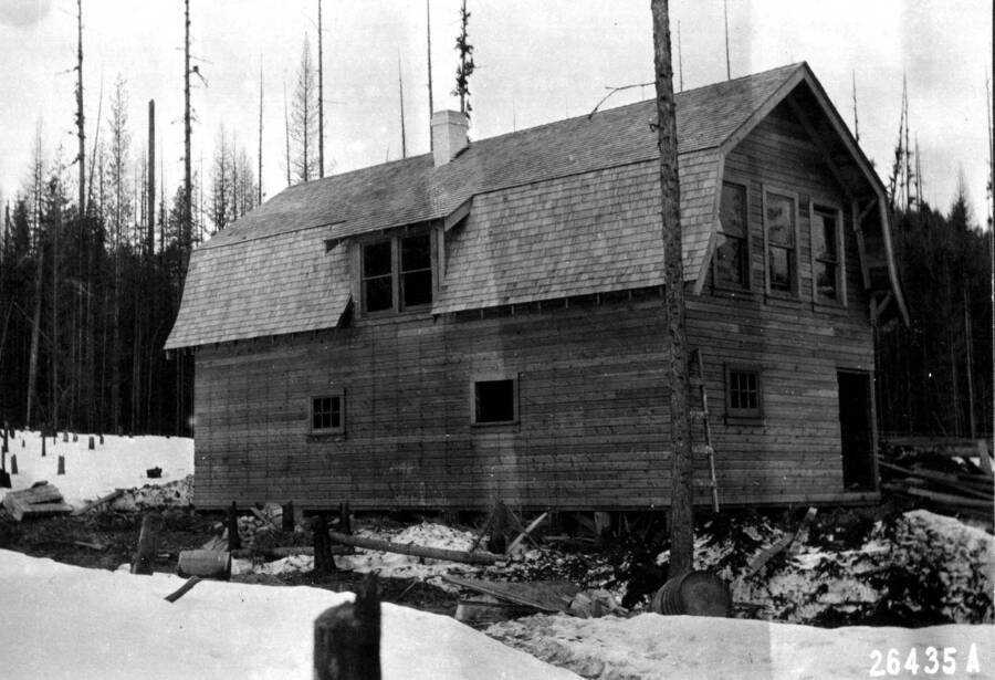 Exterior view of bunkhouse showing extent completed by rangers in 1916. Priest River Experimental Station.