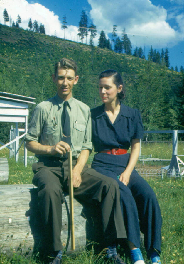 Lloyd and Louise Hayes at clearcut inflam station. Lloyd Hayes was the principle investigator for the altitude/aspect weather study.