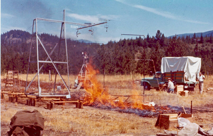 Fire spread study conducted in the CCC campsite by Art Brackebusch, Bob Mutch, Dick Barney and others from the Northern Forest Fire Lab.