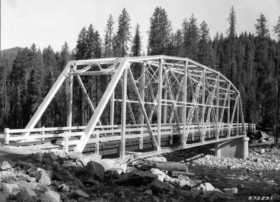New steel bridge across Lochsa River near Powell Ranger Station. Sept. 5, 1932.